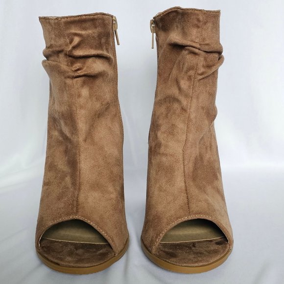 Taupe Suede Peep-Toe Slouch Bootie - Bella Marie - Picture 4 of 15